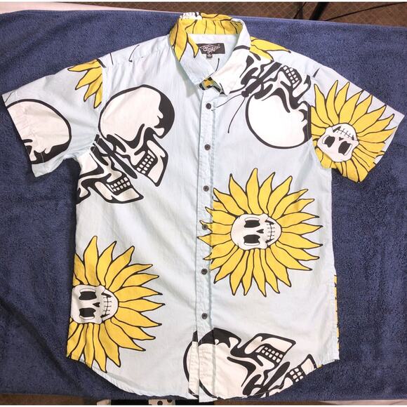 Eighty Eight Shirt Skulls Sunflowers Button Up Yellow White Blue Mens Size M - Picture 1 of 6